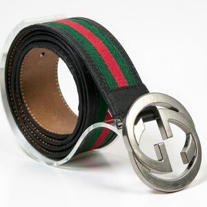Gucci Black and Green Belt with Silver Buckle